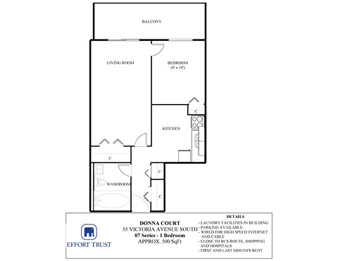 Floor plan for 1 bed, 1 bath, 500 sqft